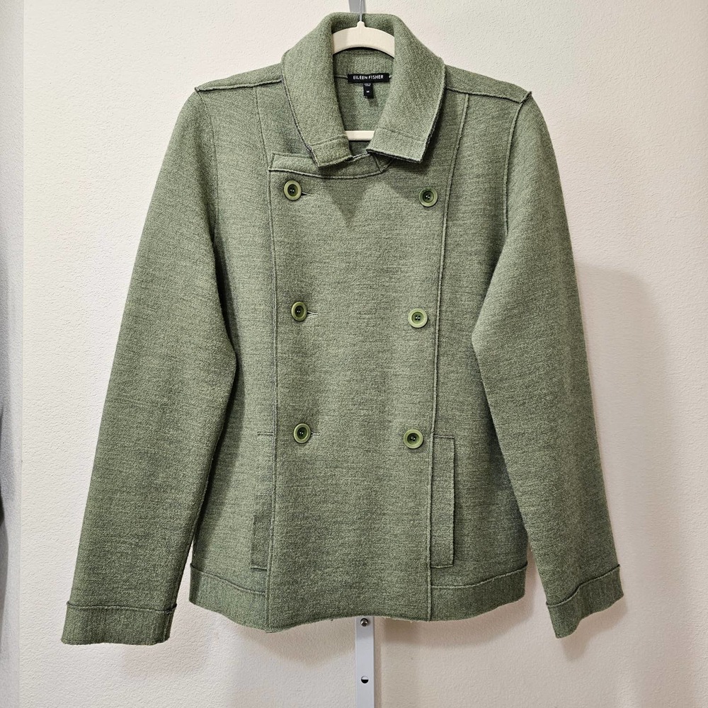 EILEEN FISHER Women's Double Breasted Merino Wool Green Peacoat Jacket Sz M